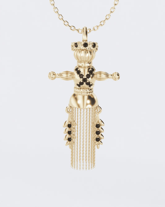 Золота підвіска Лялька-мотанка Веснянка з чорними діамантами