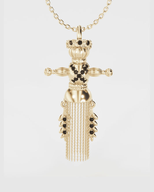 Золота підвіска Лялька-мотанка Веснянка з чорними діамантами